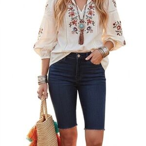 Free People Raw Hem Stretch Denim Bike Shorts Dark Wash BRAND NEW